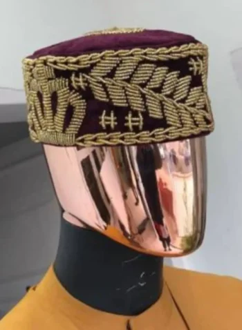 A Burgundy and gold embroidery African traditional hat