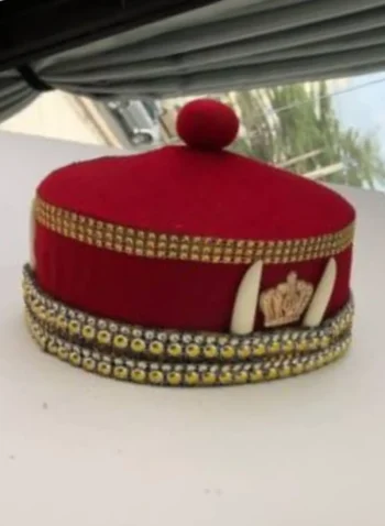 African IBO Red Royal Traditional Hat With Gold and Horn Adornment