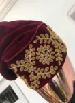 Burgundy and Gold Crystals Studs Embroidery African Hat