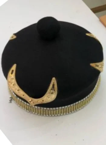 African IBO Black Royal Traditional Hat With Gold Swarovsky Adornment