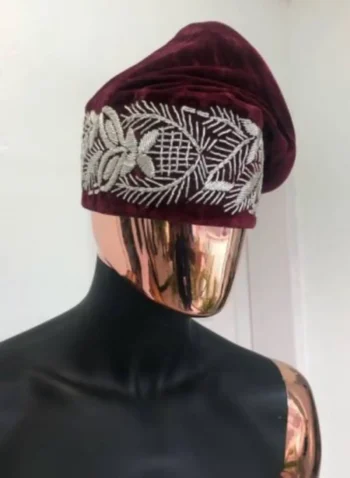 Burgundy and Silver Embroidery Yoruba Traditional Ide Cap
