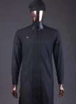 A Charcoal Black, Drop Down Lay Embroidery Detailing Kaftan, Hand Woven Yoruba Hat & Sokoto