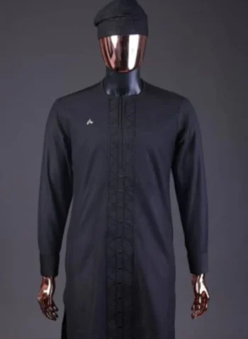 A Charcoal Black, Drop Down Lay Embroidery Detailing Kaftan, Hand Woven Yoruba Hat & Sokoto (Copy)