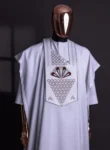 A White, scattered pointed zeros with keke Elemu embroidery details agbada