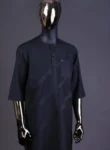 A Midnight blue, broken rectangle and square pattern, jorgecarli, front flap with black Swarovski button, long sleeve African senator kaftan native.