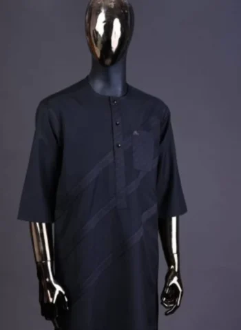 A Midnight blue, broken rectangle and square pattern, jorgecarli, front flap with black Swarovski button, long sleeve African senator kaftan native.