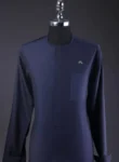 A Midnight blue, brown Aaron wool, front flap with silver Swarovski button, shorts sleeve African senator kaftan native.