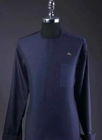 A Midnight blue, brown Aaron wool, front flap with silver Swarovski button, shorts sleeve African senator kaftan native.